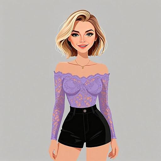 Stylish Woman in Lavender Lace Top and Black Shorts Digital Illustration