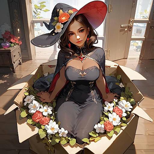 Anime Style Witch Woman in Floral Cardboard Box Illustration