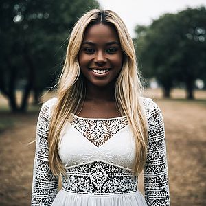 Young woman in white lace dress outdoors