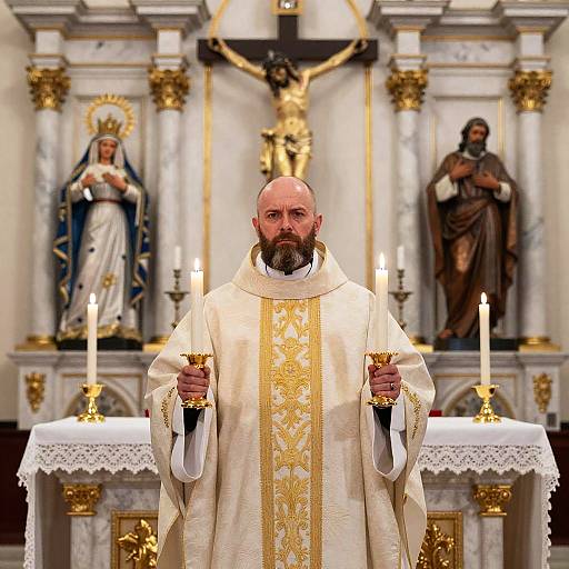 Solemn Priest Holding Candles at Church Altar Religious Ceremony