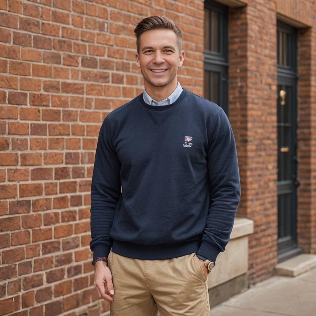 Smiling man in sweater and khakis against brick wall