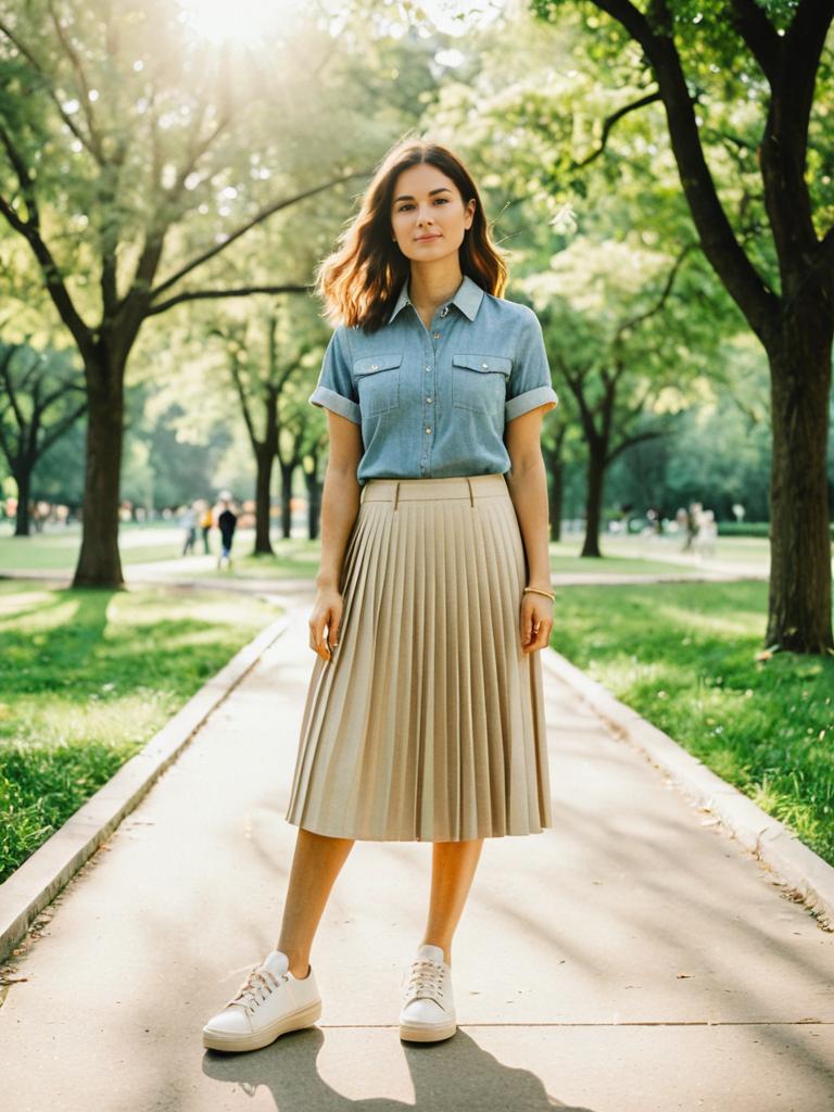 Young Woman Standing on Park Pathway in Casual Denim and Pleated Skirt