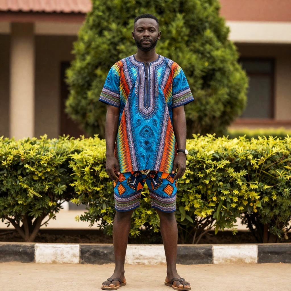 Man Wearing Colorful Dashiki Shirt and Shorts Outdoors