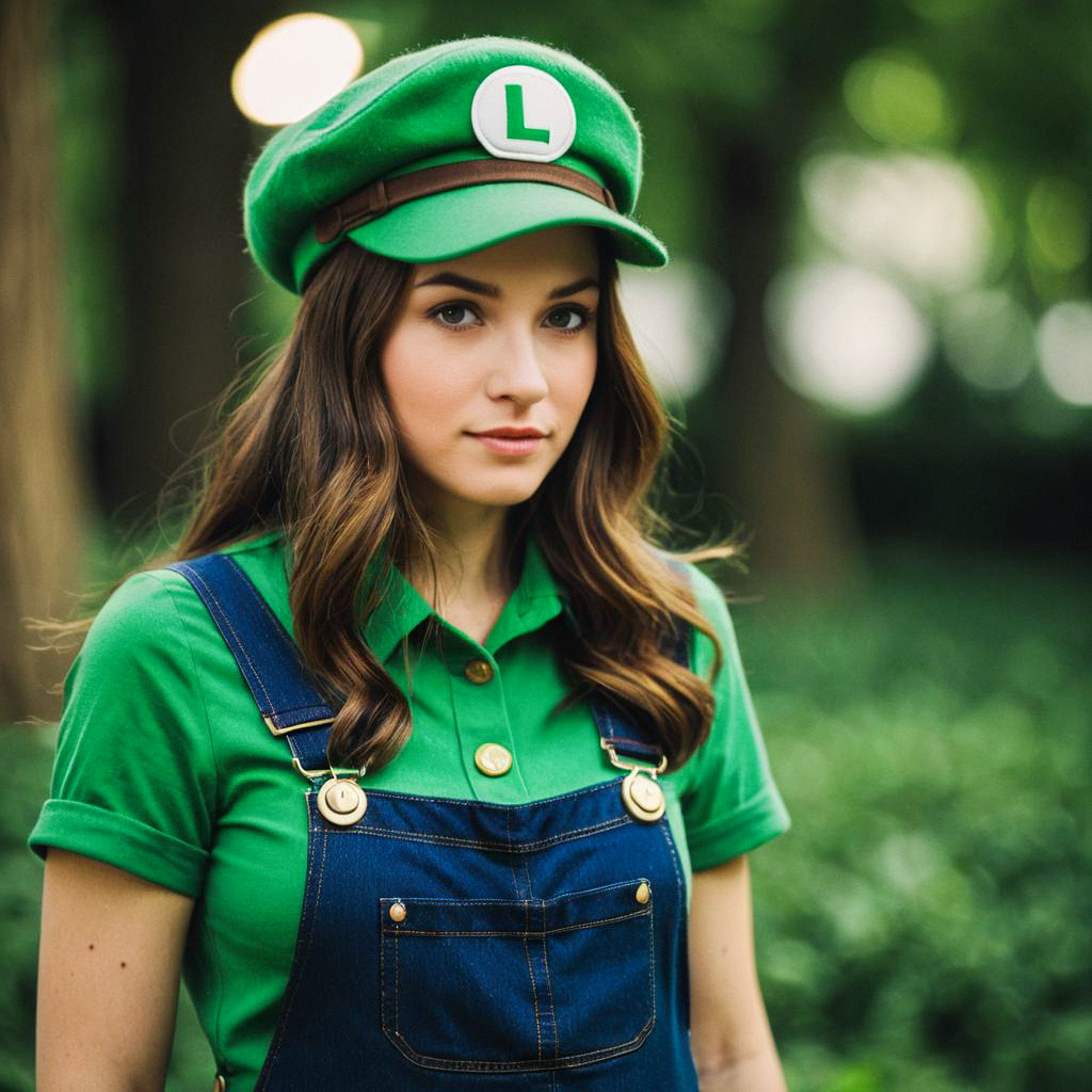 Young Woman in Green Shirt and Denim Overalls Outdoors Young Woman in Green Shirt and Denim Overalls Outdoors