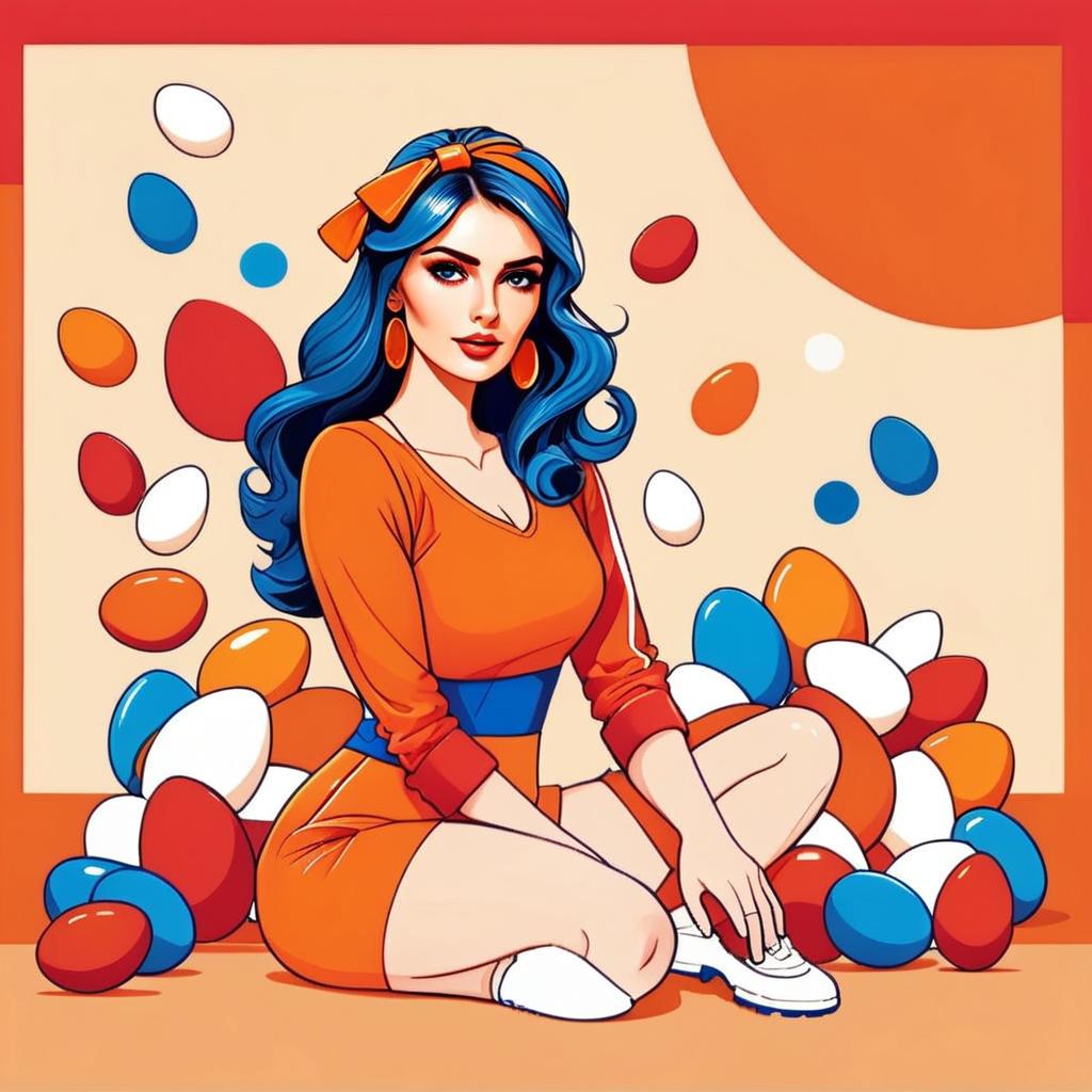 Stylized woman with blue hair in orange outfit