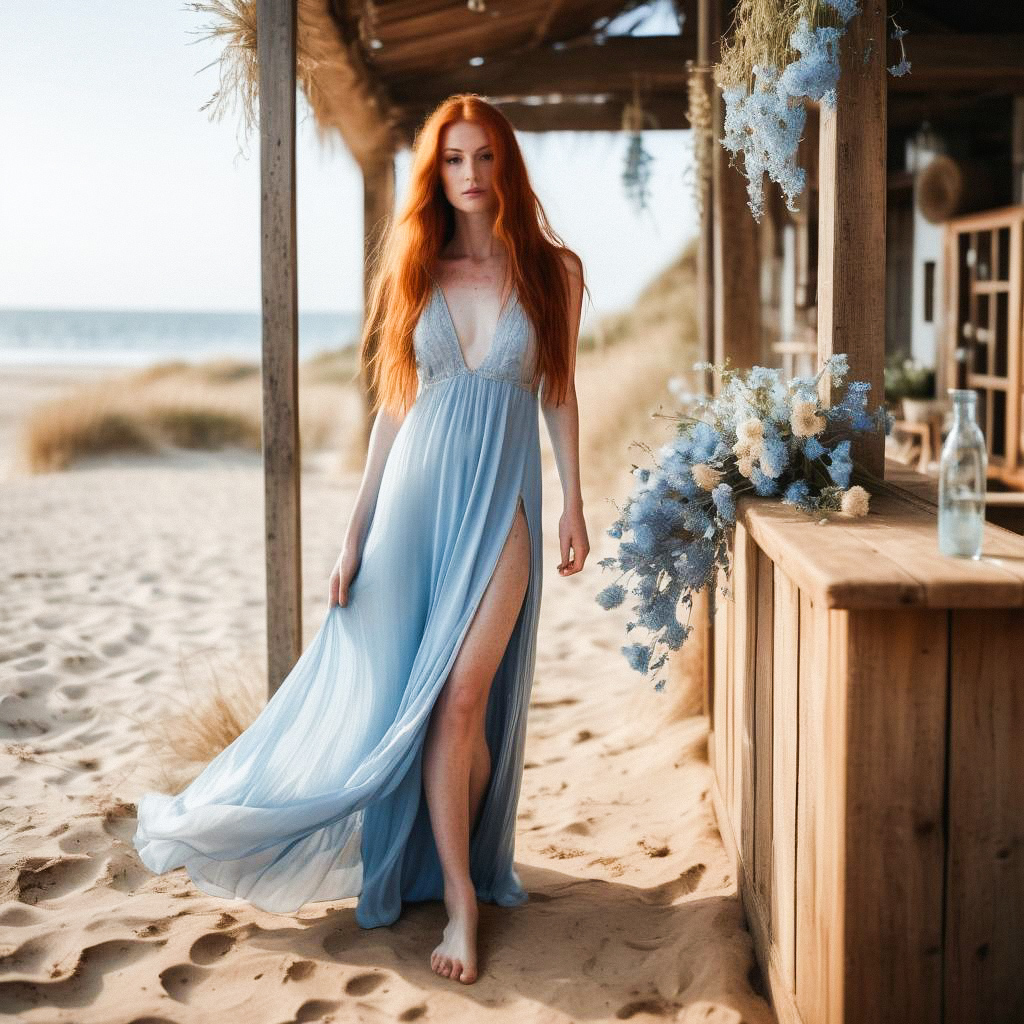 Red-haired woman in blue gown on sandy beach
