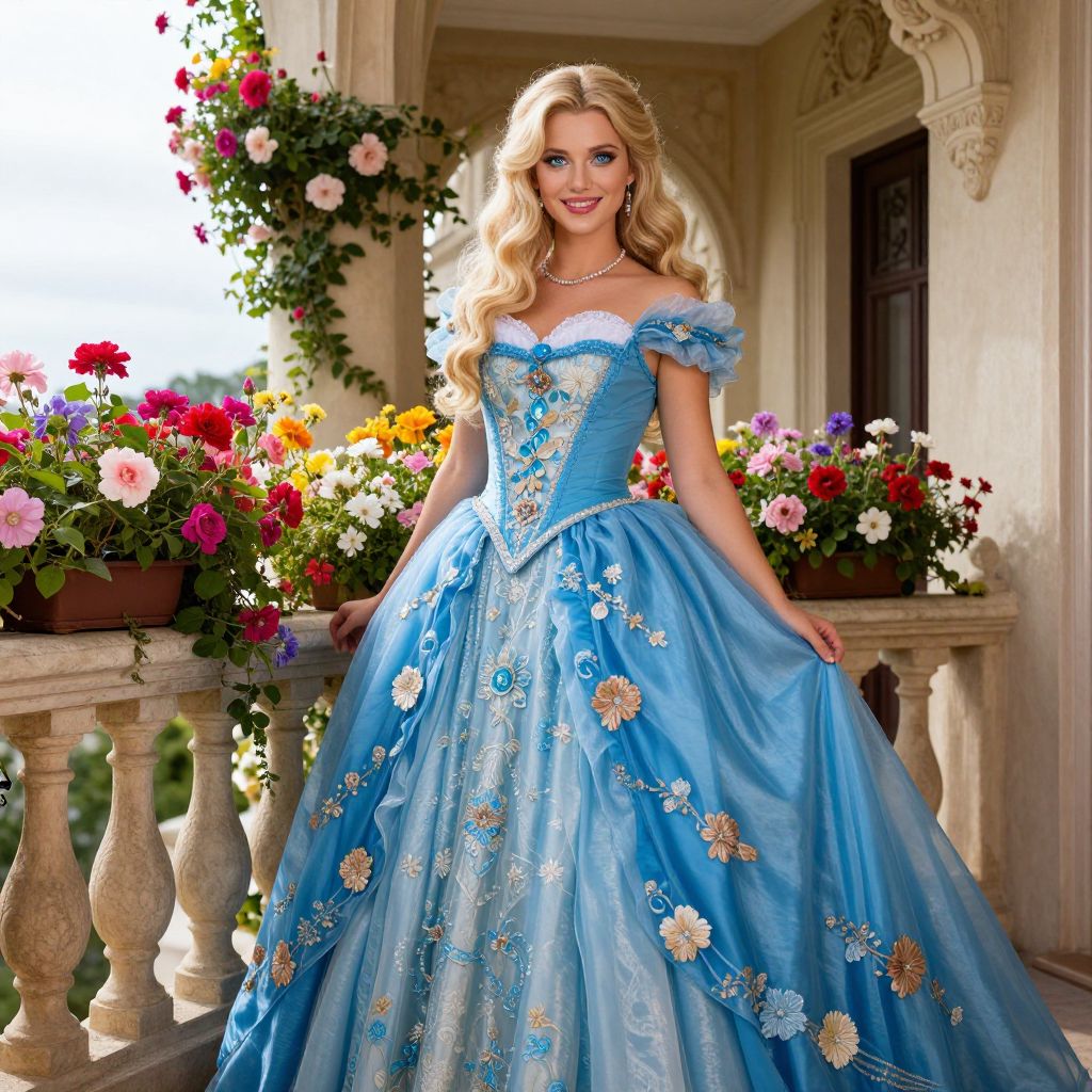 Elegant Woman in Blue Floral Embroidered Ball Gown on Stone Balcony