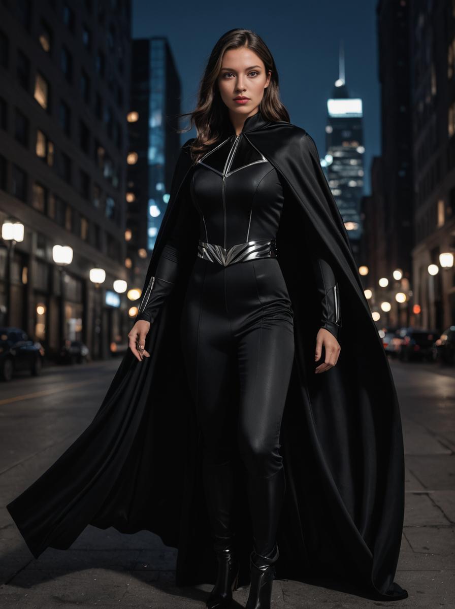 Woman in Black Superhero Costume with Cape in Urban Setting