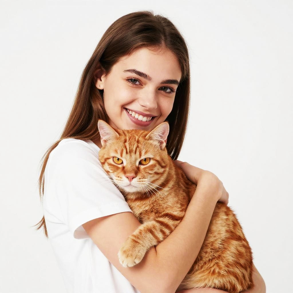 Young Woman Hugging Ginger Tabby Cat Close-Up
