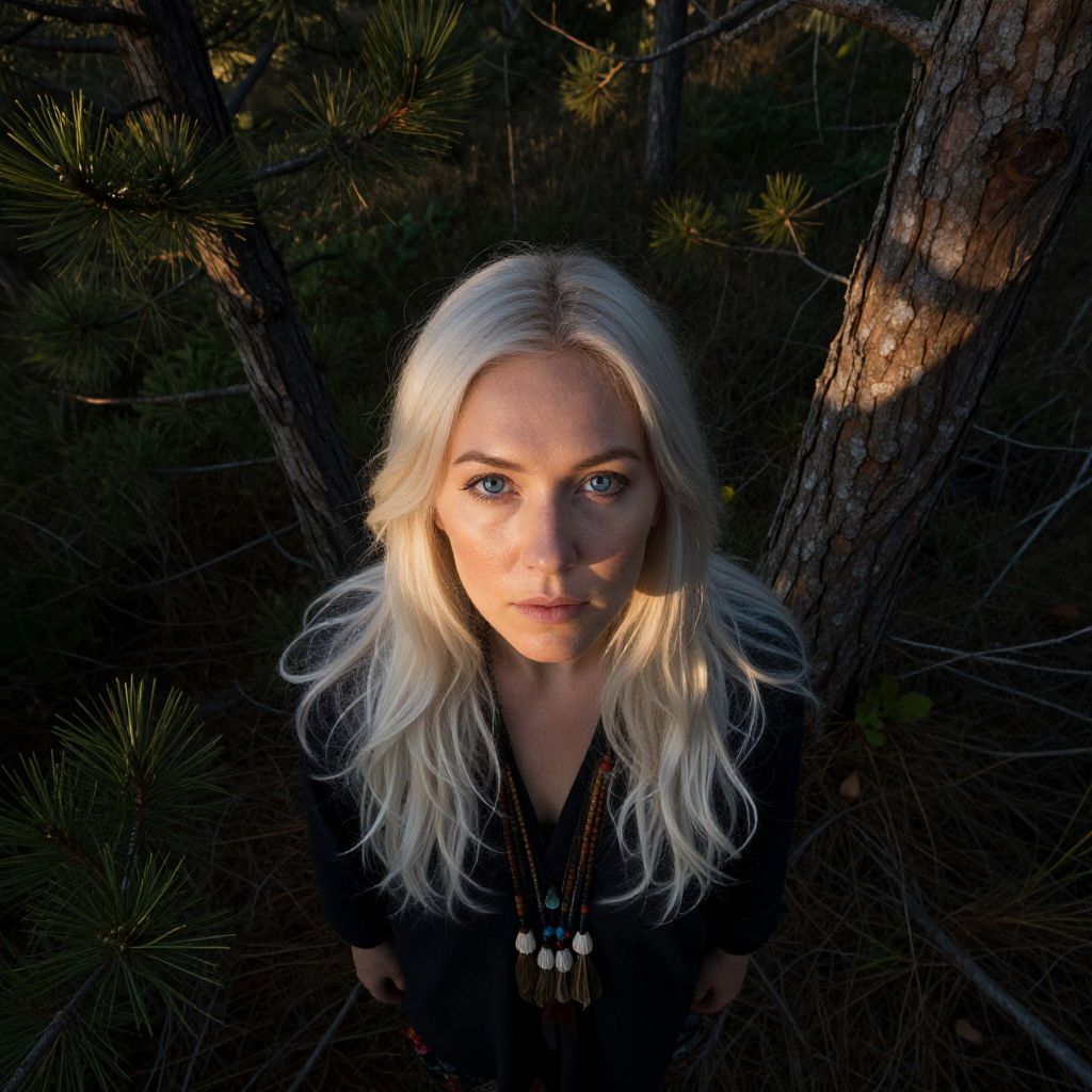 Blonde Woman Portrait Among Pine Trees in Forest
