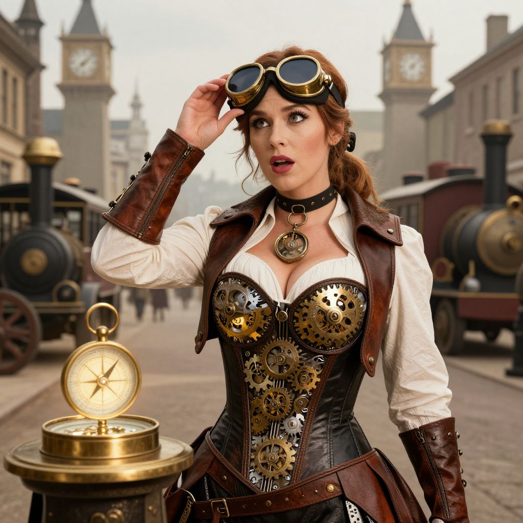 Steampunk Woman in Leather Corset and Goggles at Vintage Train Station