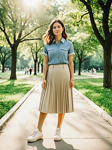 Young Woman Standing on Park Pathway in Casual Denim and Pleated Skirt