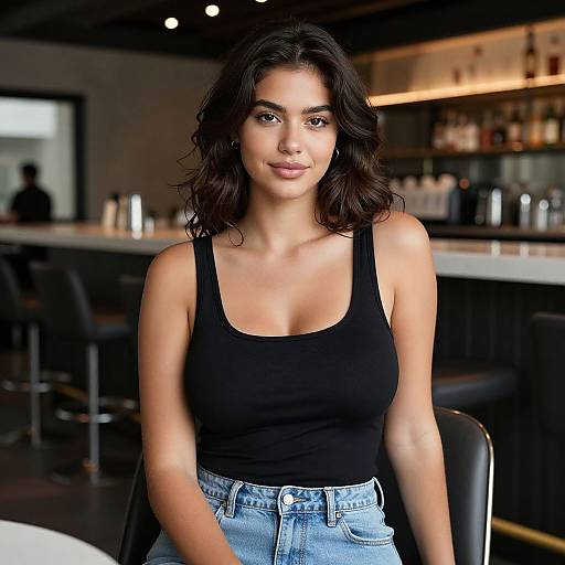 Casual Young Woman in Black Tank Top at Modern Café Bar