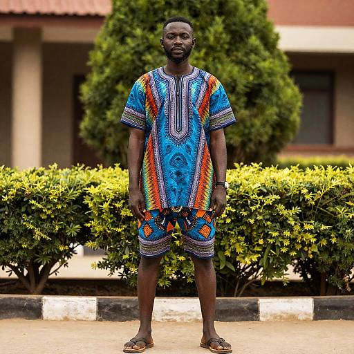 Man Wearing Colorful Dashiki Shirt and Shorts Outdoors