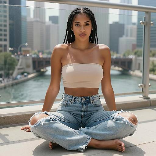 Young Woman Relaxing on Balcony in Casual Gen Z Fashion with Cityscape Background
