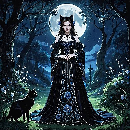 Mystical Woman in Gothic Dress with Cat Under Full Moon in Enchanted Forest