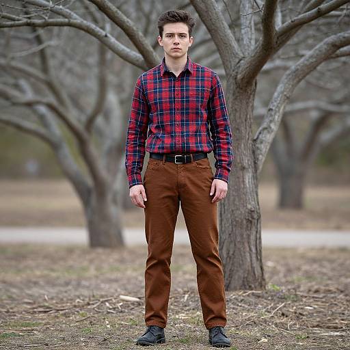 Young Man in Plaid Shirt Standing in Leafless Orchard Outdoors