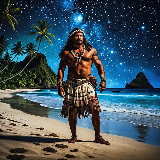 Polynesian Man in Traditional Attire on Tropical Beach at Starry Night