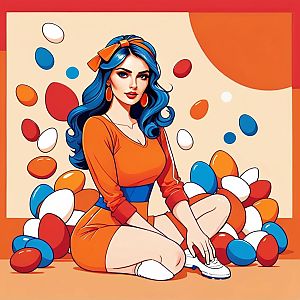 Stylized woman with blue hair in orange outfit