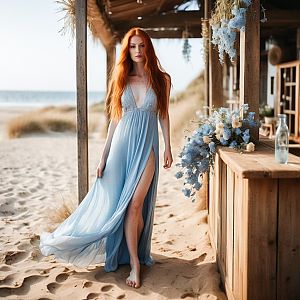 Red-haired woman in blue gown on sandy beach