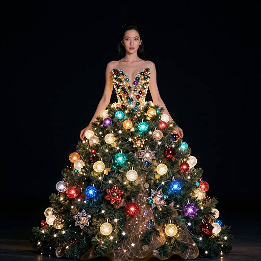 Elegant Woman Wearing Christmas Tree Inspired Dress With Lights And Ornaments