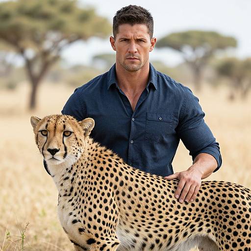 Man Standing with Cheetah in Savanna Wildlife Landscape