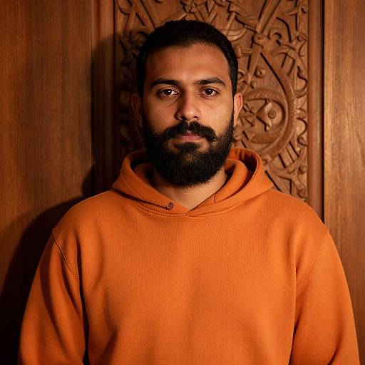 Portrait of bearded man in orange hoodie against carved wooden background