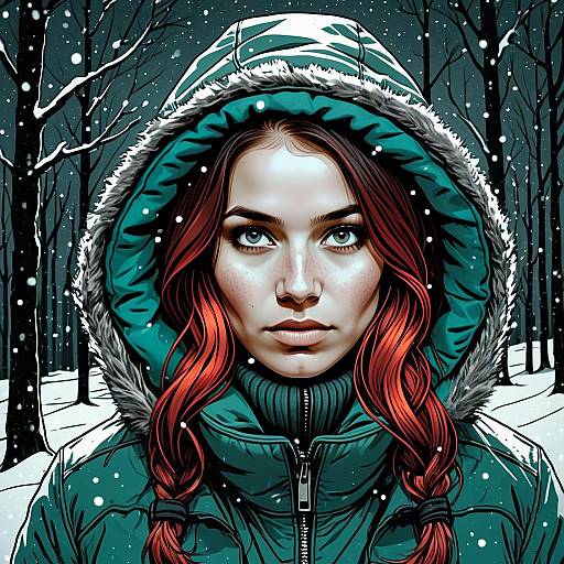 Hyper-Realistic Digital Portrait of Woman in Winter Coat with Red Braids in Snowy Forest