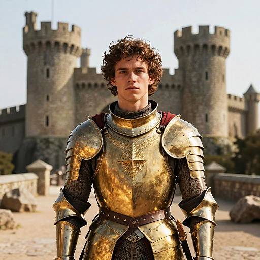 Young Man in Golden Medieval Armor Standing by Castle