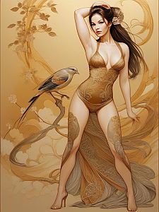 Confident Woman in Flowing Gown with Bird