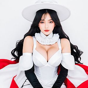 Elegant Woman in White Outfit with Dramatic Background