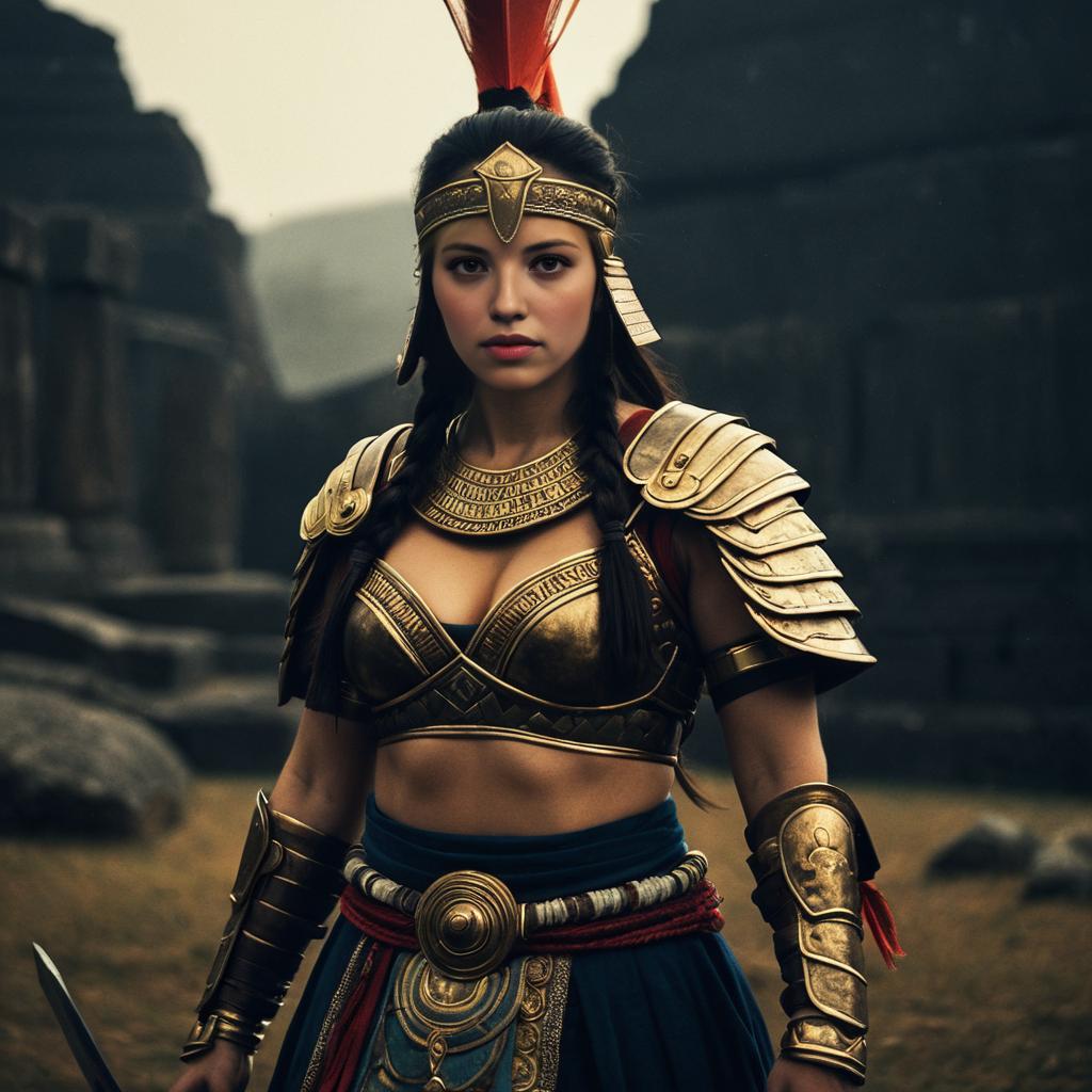 Woman Warrior in Ancient Gold Armor with Braided Hair in Realistic Fantasy Setting