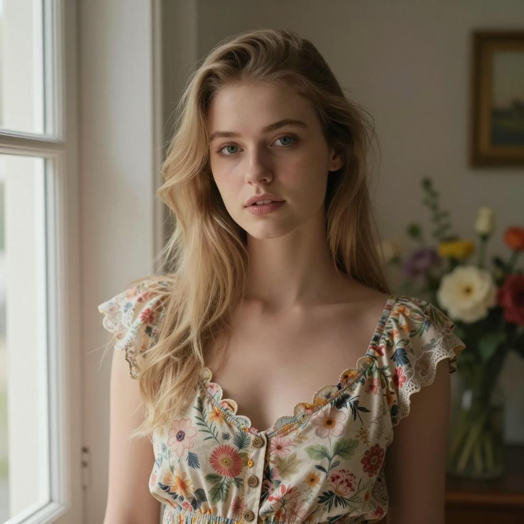 Young Woman in Floral Dress Near Window with Natural Light - Gen Z Style Portrait