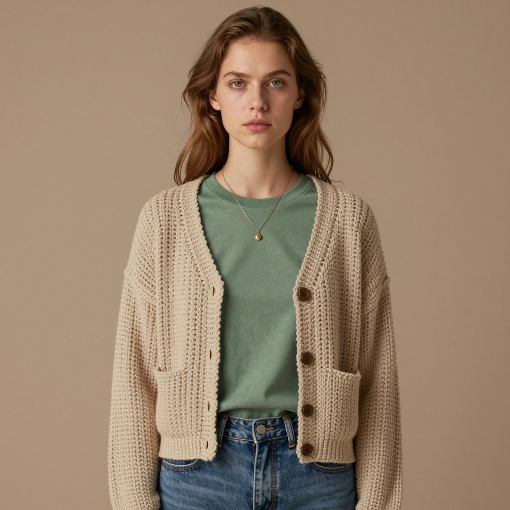 Young Woman Wearing Beige Knit Cardigan with Green T-Shirt and Jeans