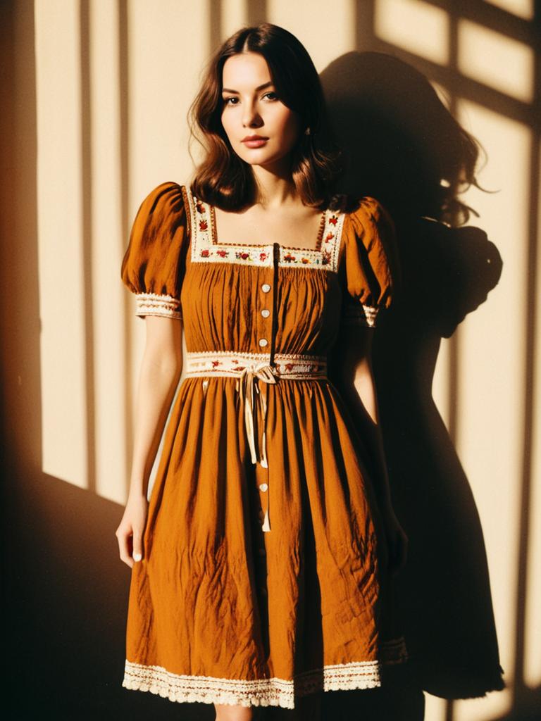 Woman in Bohemian Style Rust Colored Short Dress with Square Neckline