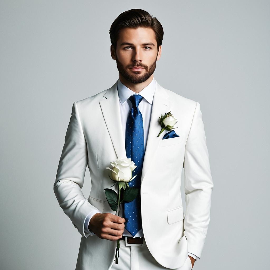 Elegant Man in White Suit Holding White Rose with Blue Tie