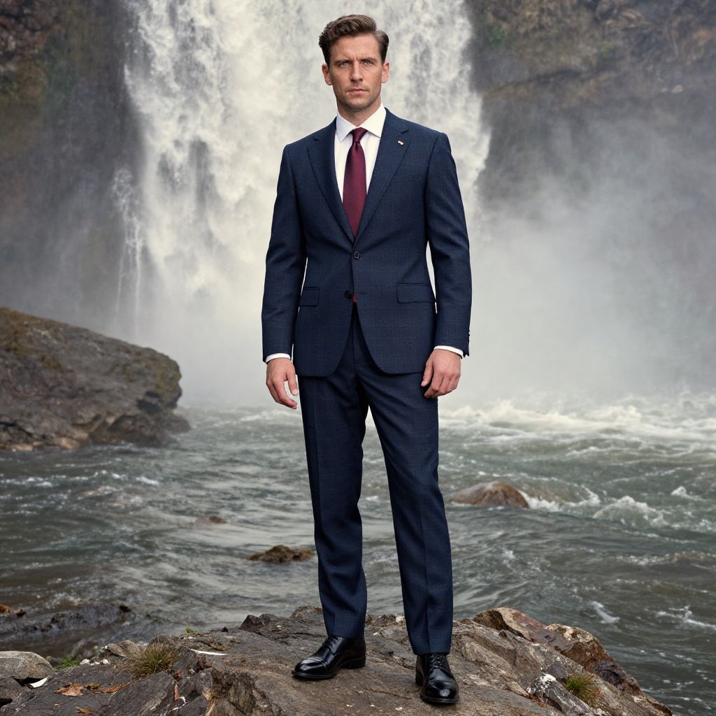 Man in Navy Suit Standing by Waterfall on Rocky Terrain