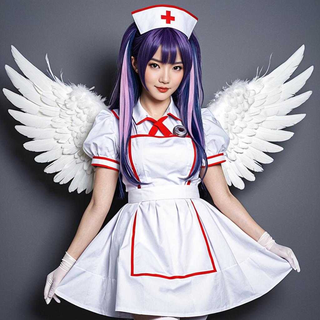 Anime Style Nurse Cosplay with Angel Wings and Purple Hair