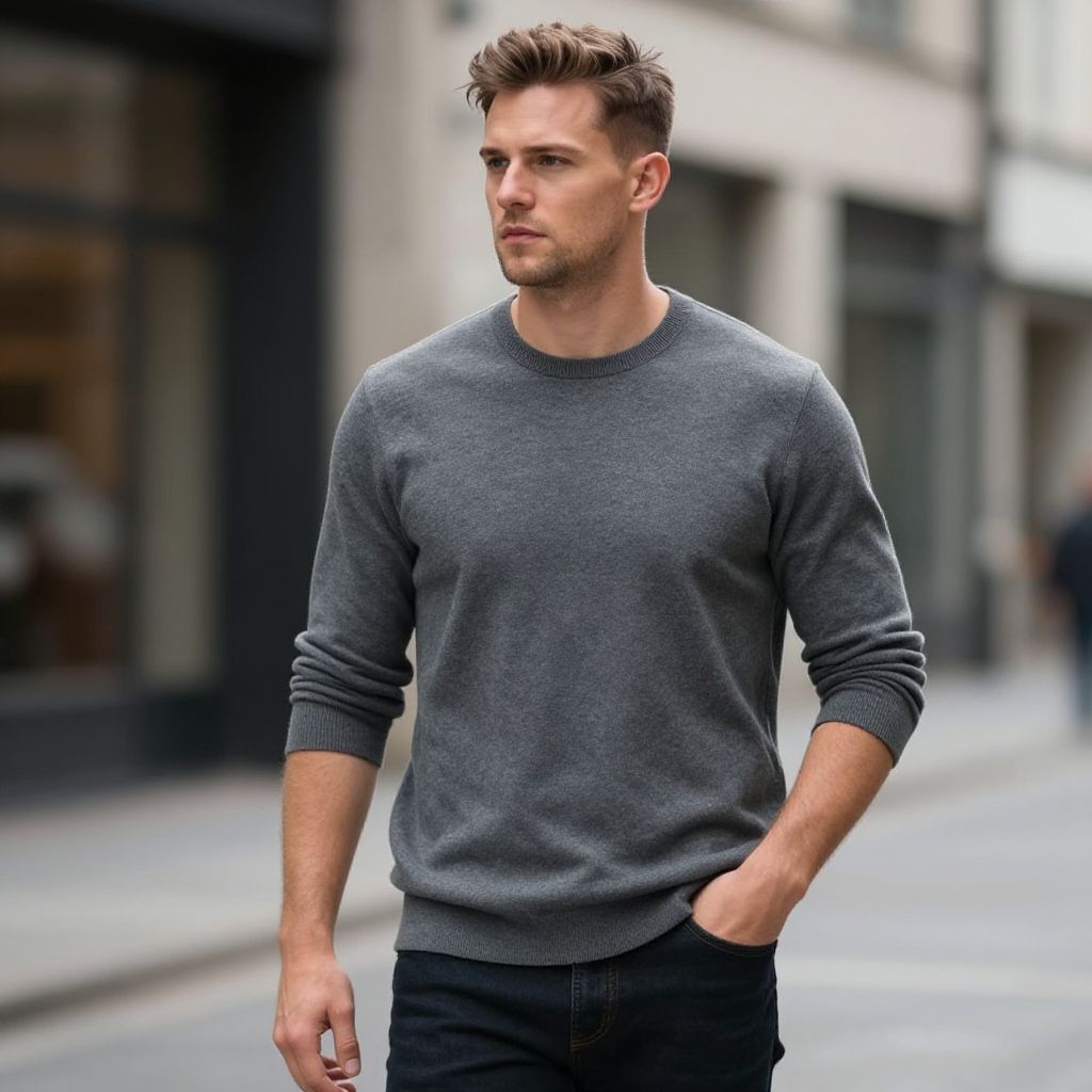 Young Man in Grey Sweater Walking in Urban Street