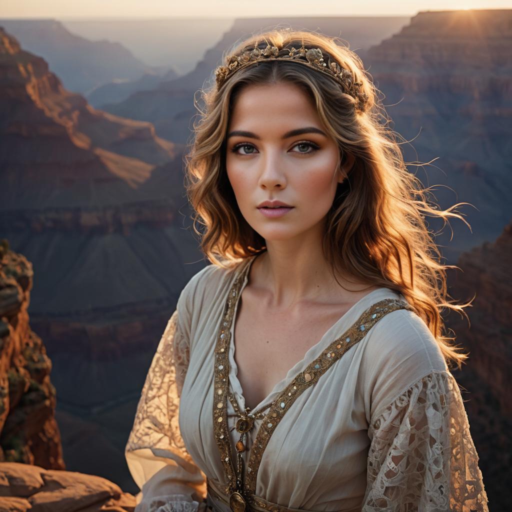 Beautiful Woman in Renaissance Attire Against Canyon Backdrop