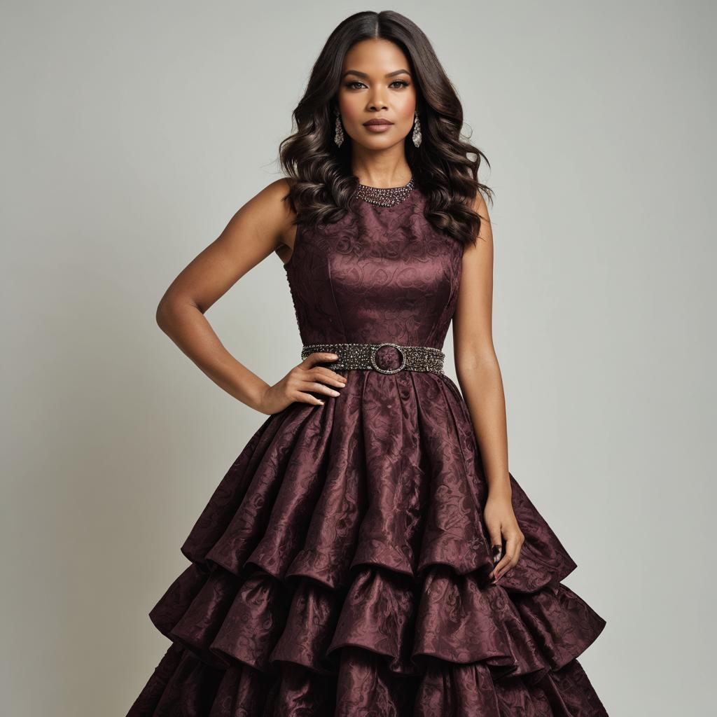 Elegant Woman in Deep Burgundy Tiered Evening Gown with Jeweled Belt