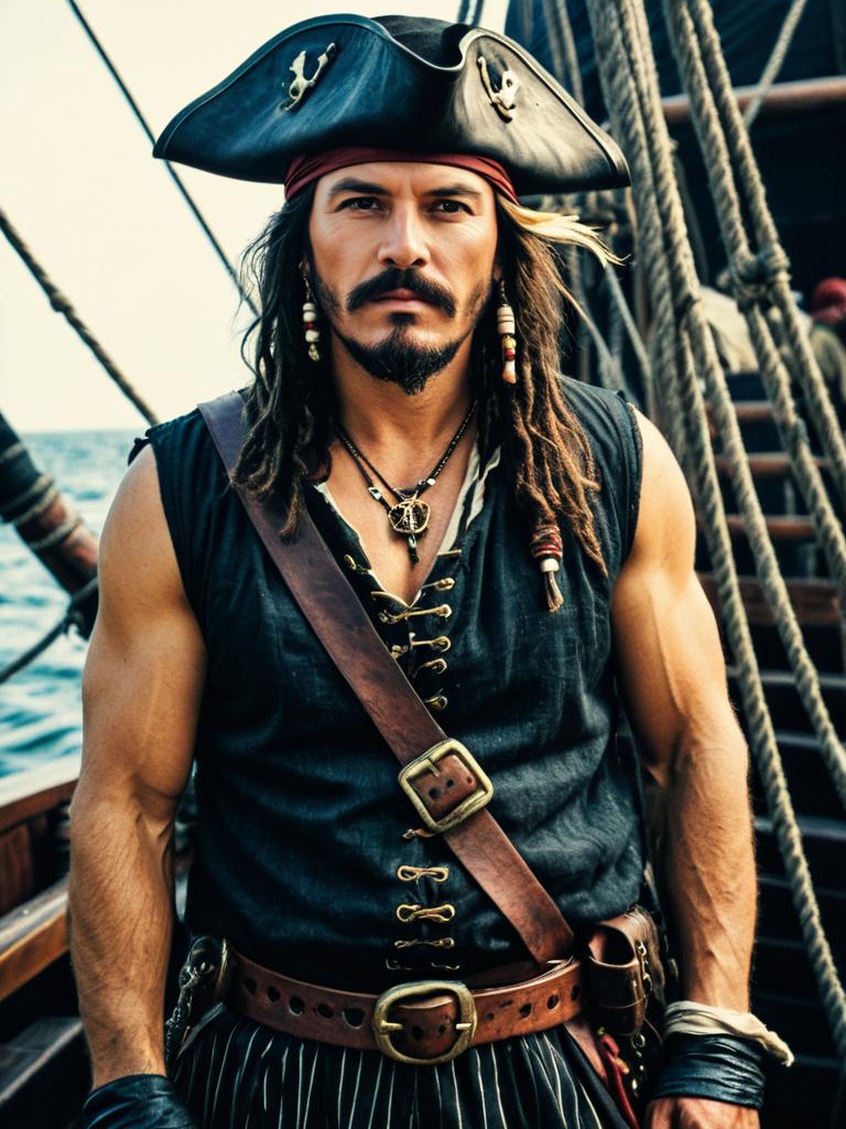 Man in Sleeveless Pirate Costume with Cinematic Realism on Ship