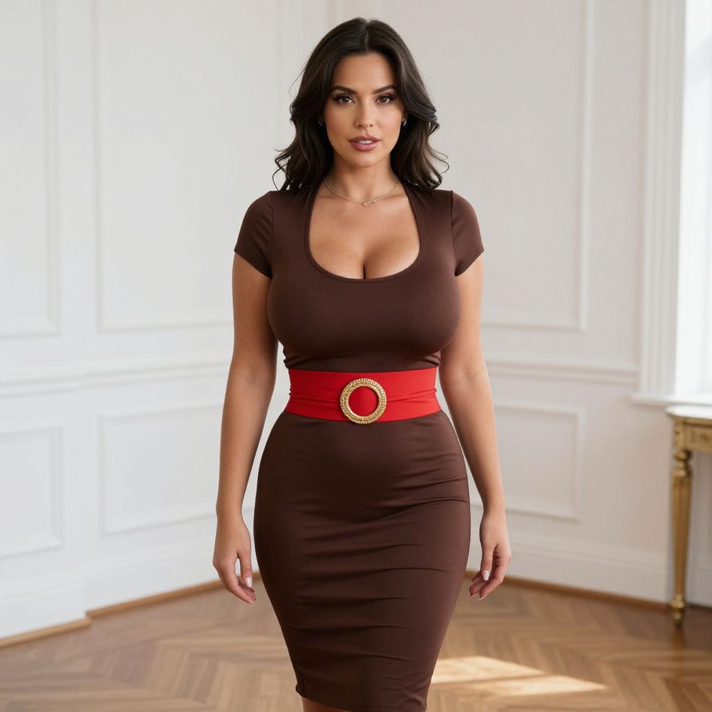 Woman in Brown Fitted Dress with Red Belt in Elegant Indoor Setting