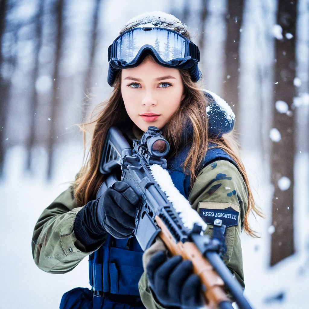 Young Woman in Winter Camouflage Aiming Rifle in Snowy Forest Young Woman in Winter Camouflage Aiming Rifle in Snowy Forest