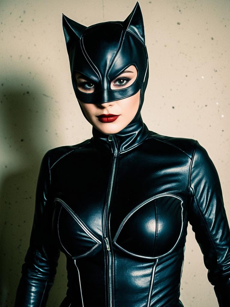 Woman in Black Leather Male Catwoman Costume with Cat-Eared Mask