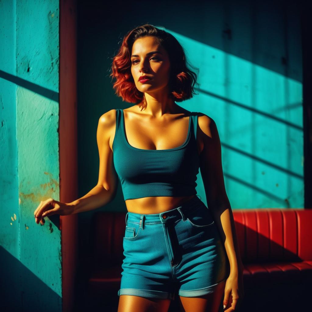 Confident Woman in Teal Room with Sunlight