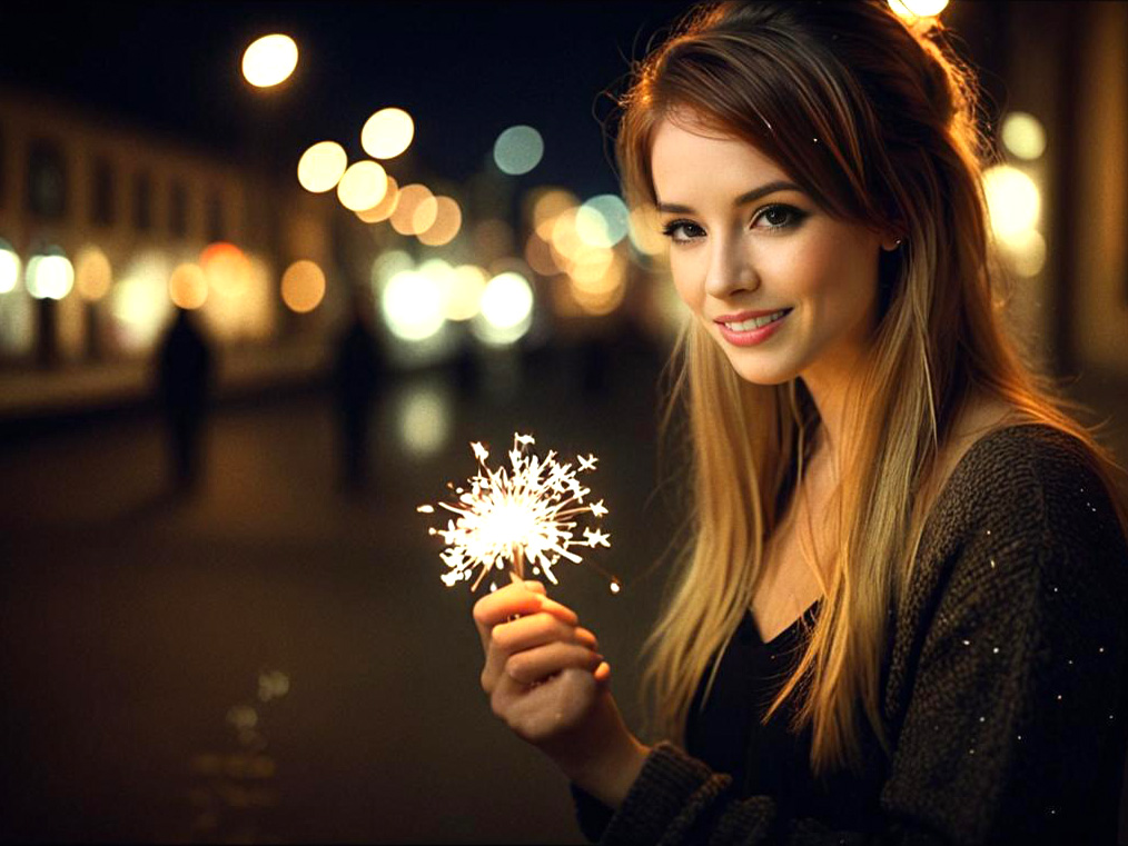 Young Woman with Sparkler in City Lights