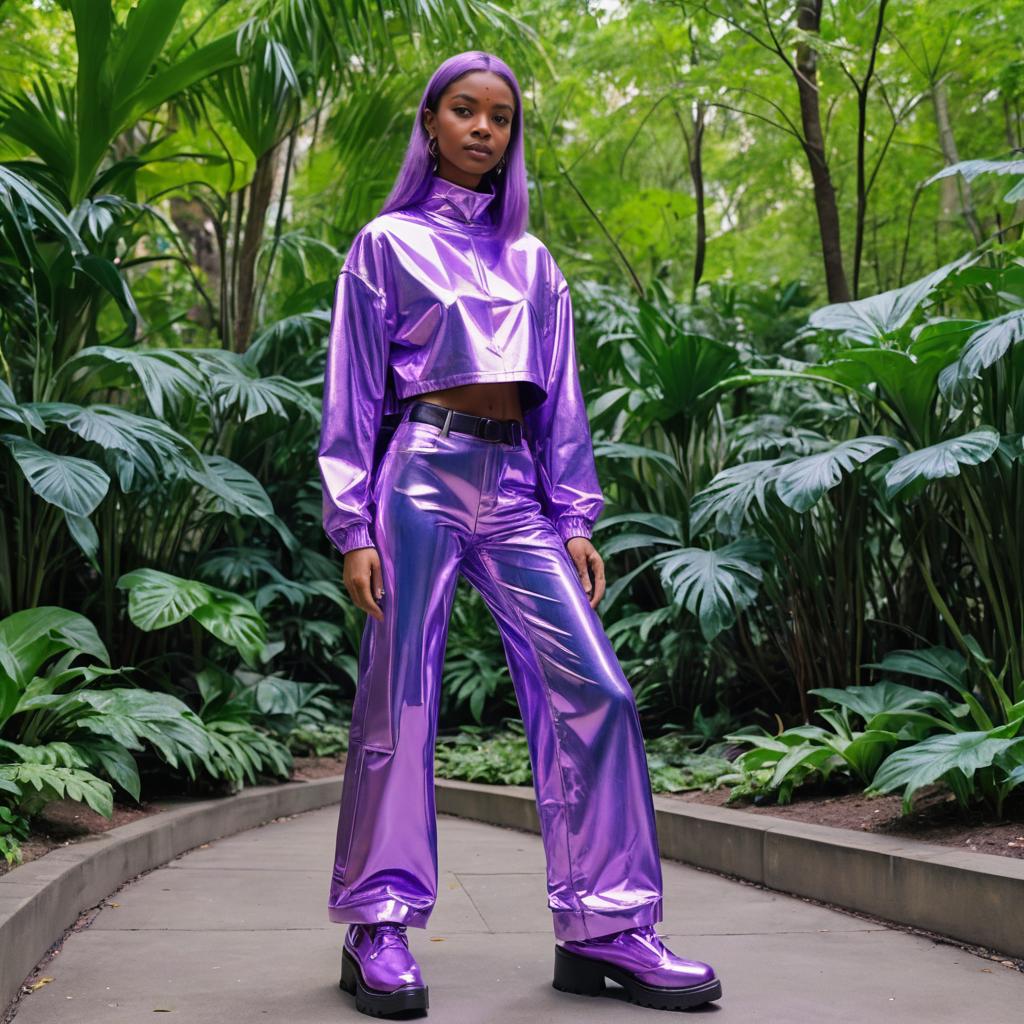 Woman in Shiny Metallic Purple Outfit with Purple Hair in Garden