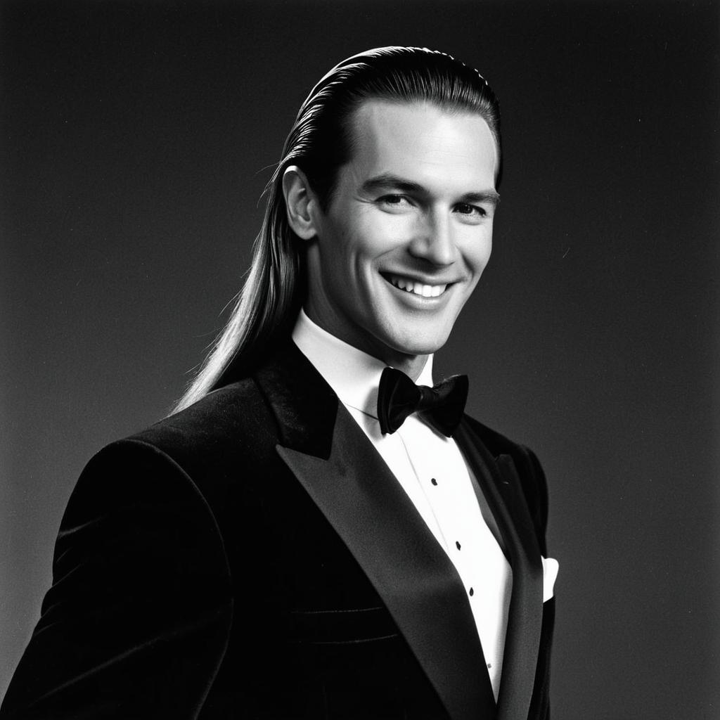 Elegant Man in Classic Black Tuxedo with Slicked-Back Hair - Vintage Portrait