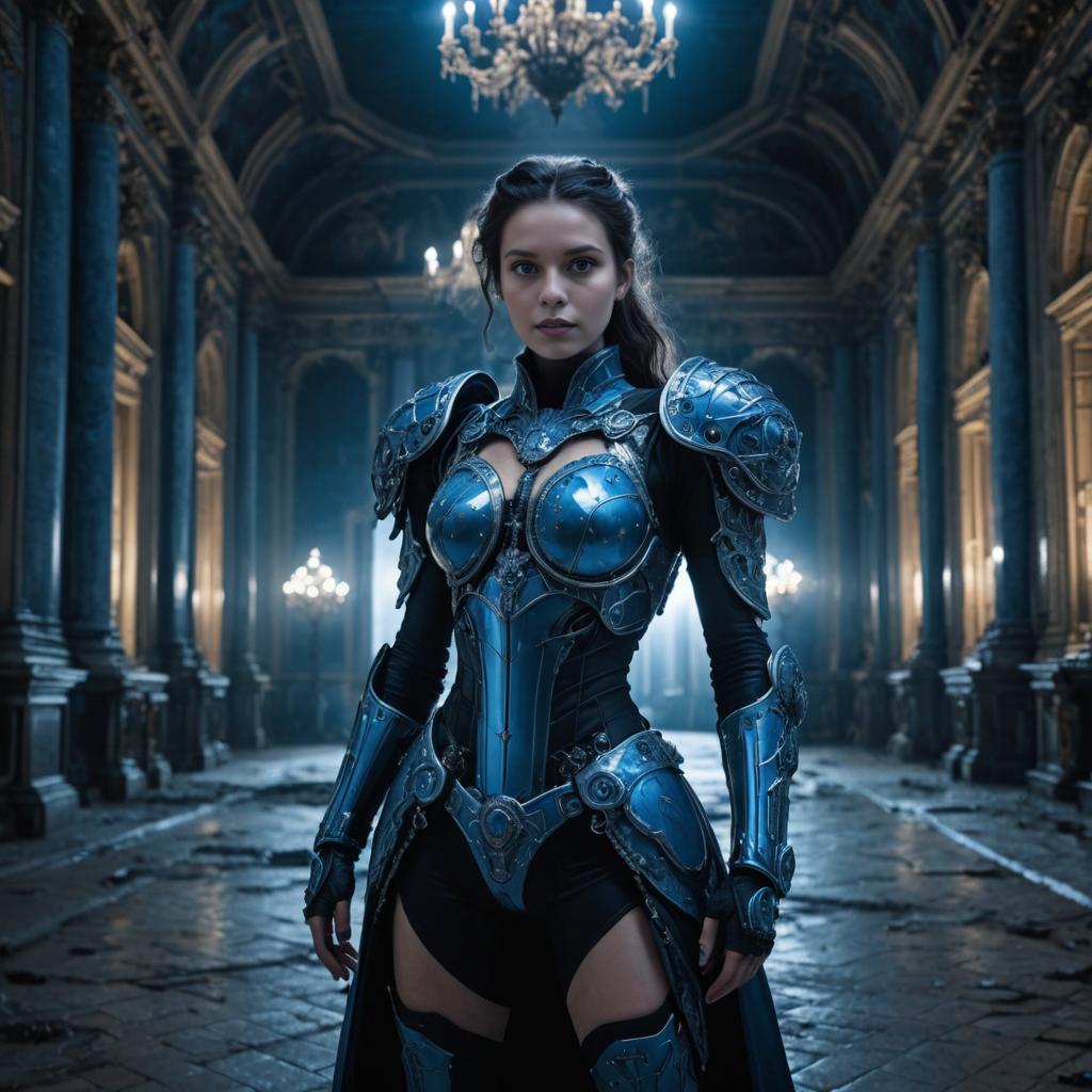 Female in Artistic Armored Suit in Grand Hallway